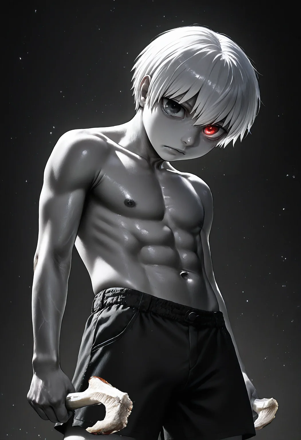 photorealistic, photograph, 1boy, heterochromia, kaneki,kaneki ken, red eyes,kaneki ken wearing shorts, white hair,small fresh meat abdominal muscles, Muscle , dark background ,sidelighting , grayscale with the muscle highlights , harmonious and powerful ,
close-up view ðª