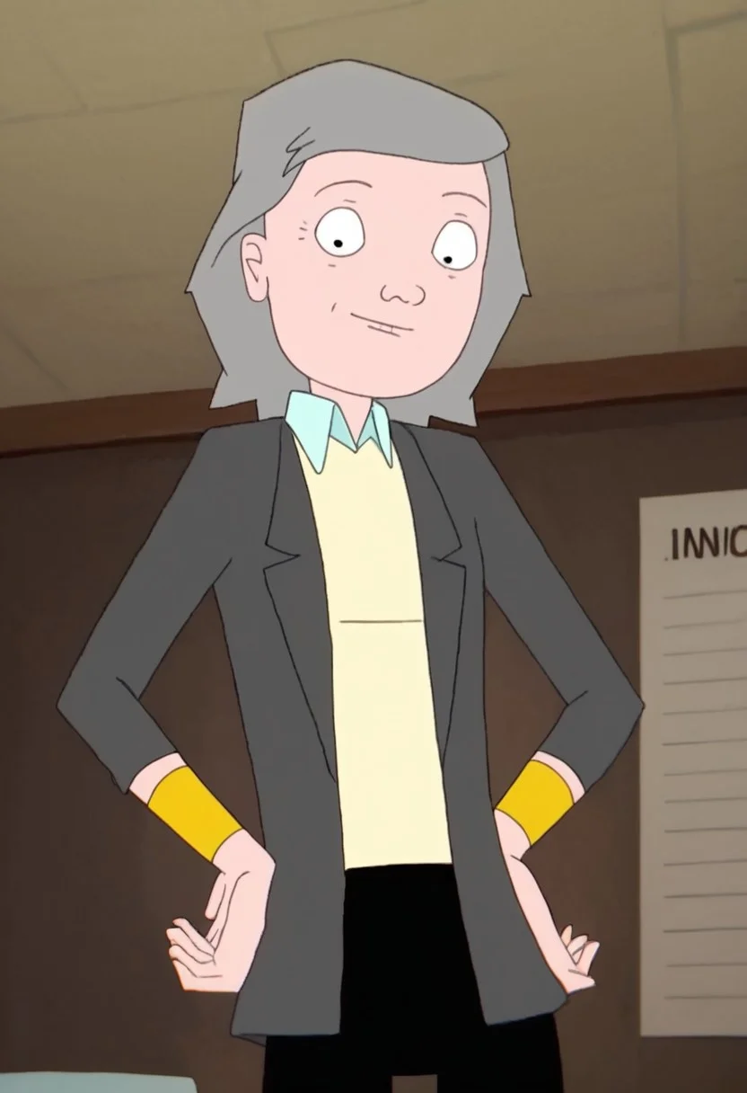 leslie_gahd, 1girl, gilf, wrinkles, short grey hair, small black eyes, yellow bracelets, brown office blazer (white collar piece, cream shirt), black pants, black ballerina, score_9_up, score_8_up, score_7_up, BREAK, 1girl, solo, looking at viewer, cute, smirk, from below, hands on hips, head tilt, female focus, ultra detailed, detailed background, office, masterpiece, best quality, 8k, Expressiveh,