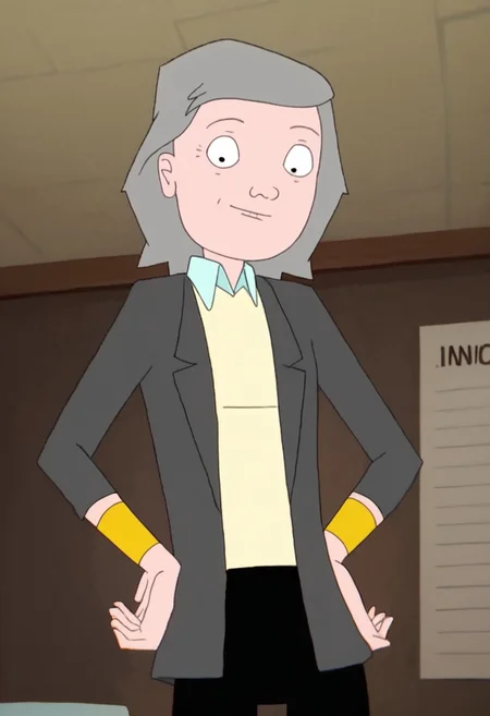 leslie_gahd, 1girl, gilf, wrinkles, short grey hair, small black eyes, yellow bracelets, brown office blazer (white collar piece, cream shirt), black pants, black ballerina, score_9_up, score_8_up, score_7_up, BREAK, 1girl, solo, looking at viewer, cute, smirk, from below, hands on hips, head tilt, female focus, ultra detailed, detailed background, office, masterpiece, best quality, 8k, Expressiveh,