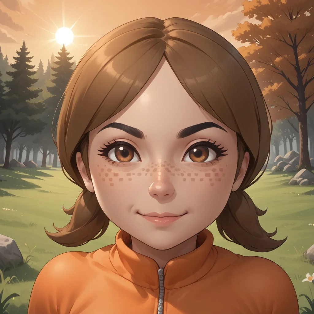score_9, score_8, BREAK, solo, mii, wii, wii sports, 1girl, female mii, dark blonde hair, low ponytails, white skin, brown eyes, freckles, smile, black eyebrows, orange clothing, black pants, breasts, shoes, cute, Lucía_(\Wii_Sports\), Nintendo Mii, modern_mii, classic_mii, sexy pose, self portrait, smile, outdoors, sunlight, shadows, evening lighting, natural lighting, forest, trees, grass, orange sky, sunset