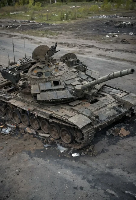 (medium full shot) of (high-tech light digital-camo tank) with modular armor, hybrid, additional armor plating, reactive armor blocks, set in a recently fought-over area, with craters and debris, the tank moving through the aftermath, during a dusk operation, ,Masterpiece,best quality, photo, realistic, very aesthetic