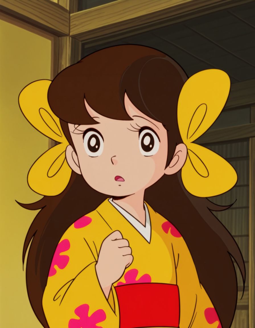 masterpiece, best quality, 
<lora:Sakura:1>, saku4a, long hair, brown hair, black eyes, yellow kimono, multiple hair bows, 1980s \(style\),