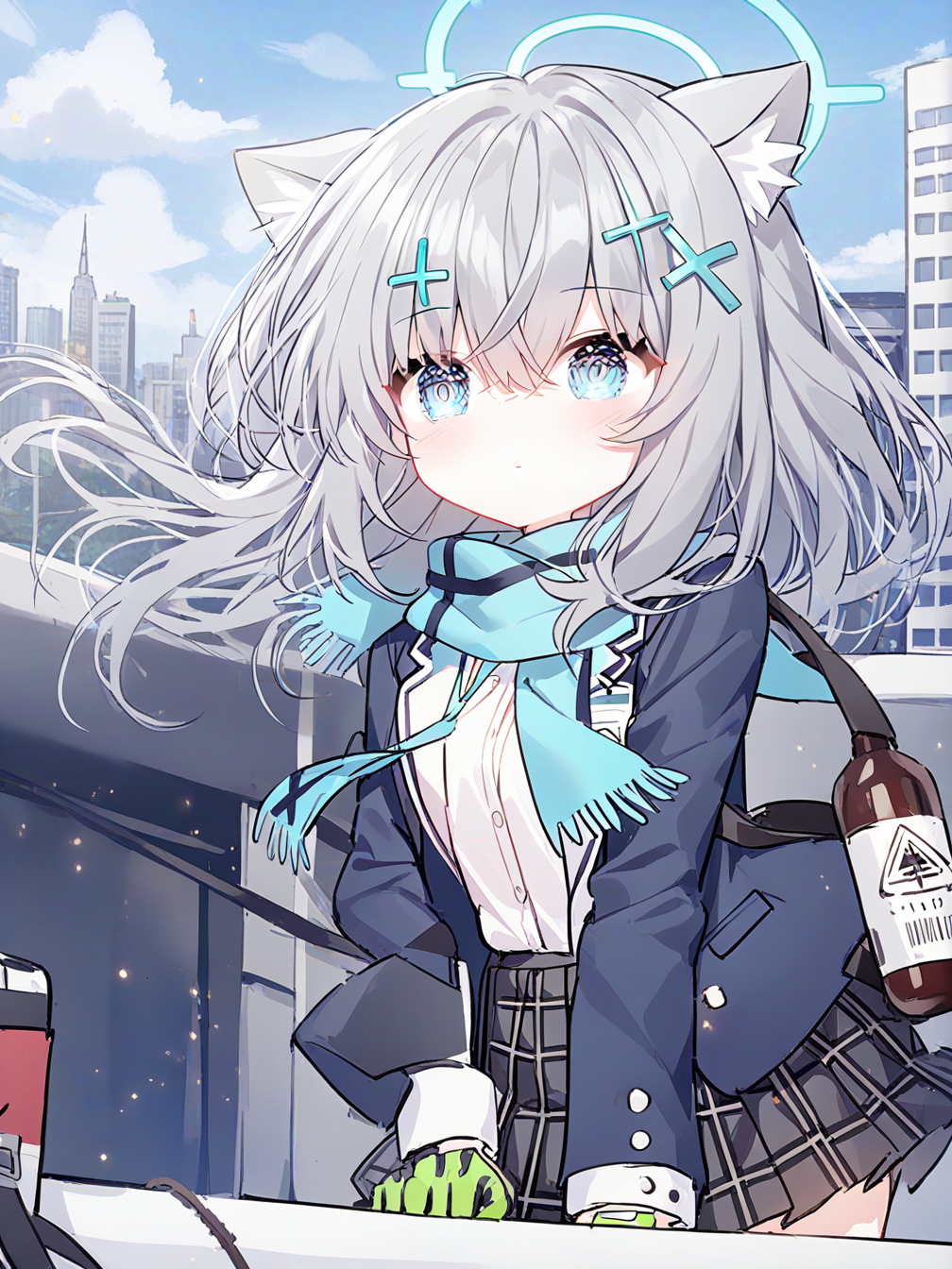 1girl,shiroko (blue archive),halo,animal ears,solo,wolf ears,jacket,scarf,skirt,outdoors,school uniform,grey hair,blue jacket,blue scarf,sky,pleated skirt,city,hair ornament,long sleeves,cloud,plaid,cityscape,blue sky,bag,day,cross hair ornament,plaid skirt,medium hair,building,blazer,single glove,black skirt,bottle,green gloves,open clothes,gloves,open jacket,upper body,
<lora:ag31-guo_jiang_mullay_2-000024:0.9>,