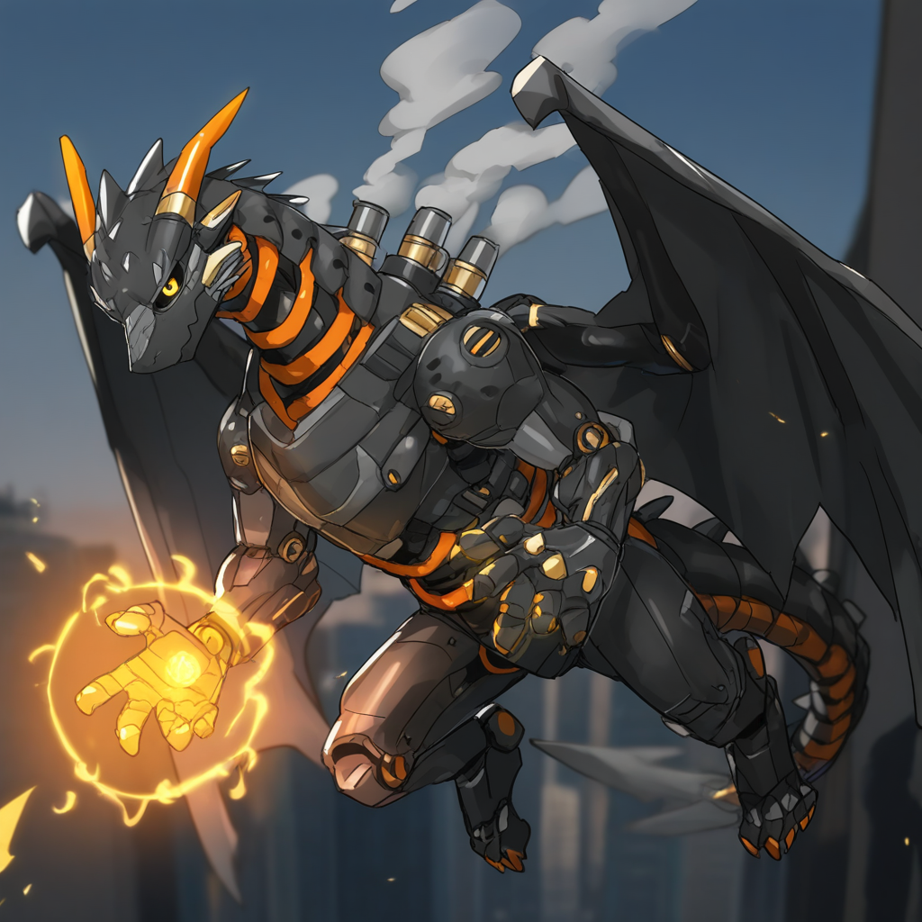 1boy, western dragon, robot, feral, quadruped, male, wiring, black body, monotone body, ((exhaust pipe, orange wire)), smoke, floating, action pose, (holding magic, magic user), looking at viewer, looking pleasured, yellow eyes, black sclera, pupils, tail, wings, 5 fingers, 4 toes, city, outdoors, [[kemono, nekowuwu]], detailed face, detailed eyes, (masterpiece, best quality, very aesthetic, amazing quality), absurdres, highres
