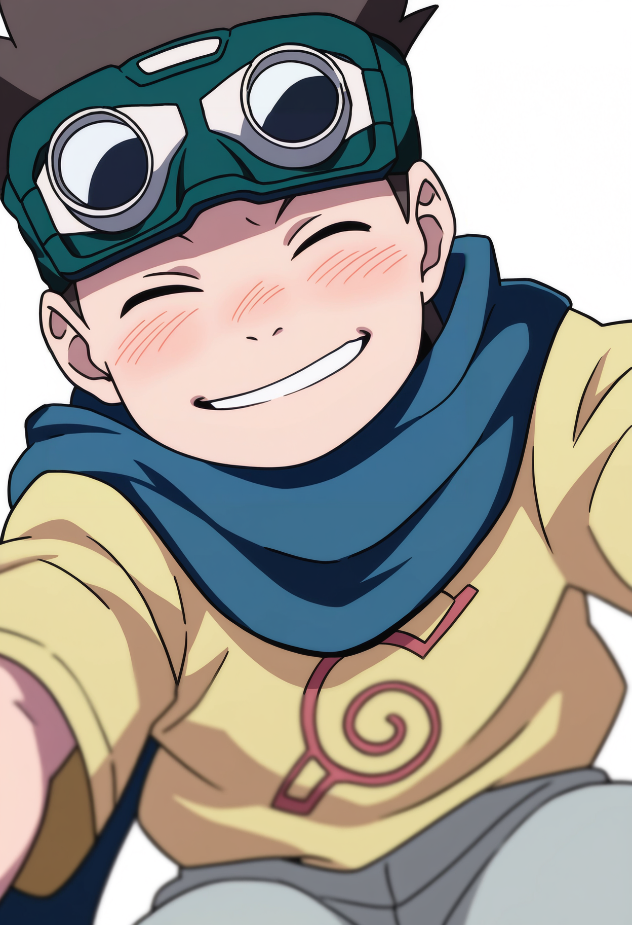 best quality, amazing quality, very aesthetic, absurdres,
1boy, konohamaru, spiked hair, black eyes, brown hair,
scarf, goggles on head, yellow shirt, short sleeves, grey pants,
upper body,
smile, closed eyes,
looking at viewer, solo, simple background, white background,     <lora:KonohamaruNoobXL_byKonan:1>