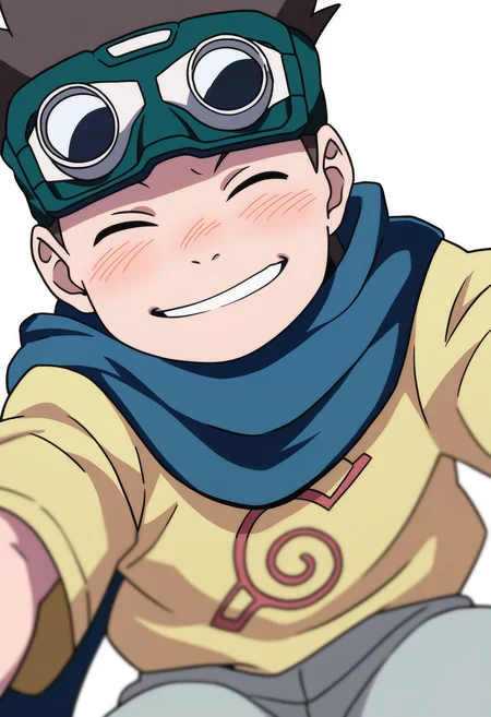 best quality, amazing quality, very aesthetic, absurdres,
1boy, konohamaru, spiked hair, black eyes, brown hair,
scarf, goggles on head, yellow shirt, short sleeves, grey pants,
upper body,
smile, closed eyes,
looking at viewer, solo, simple background, white background, <lora:KonohamaruNoobXL_byKonan:1>