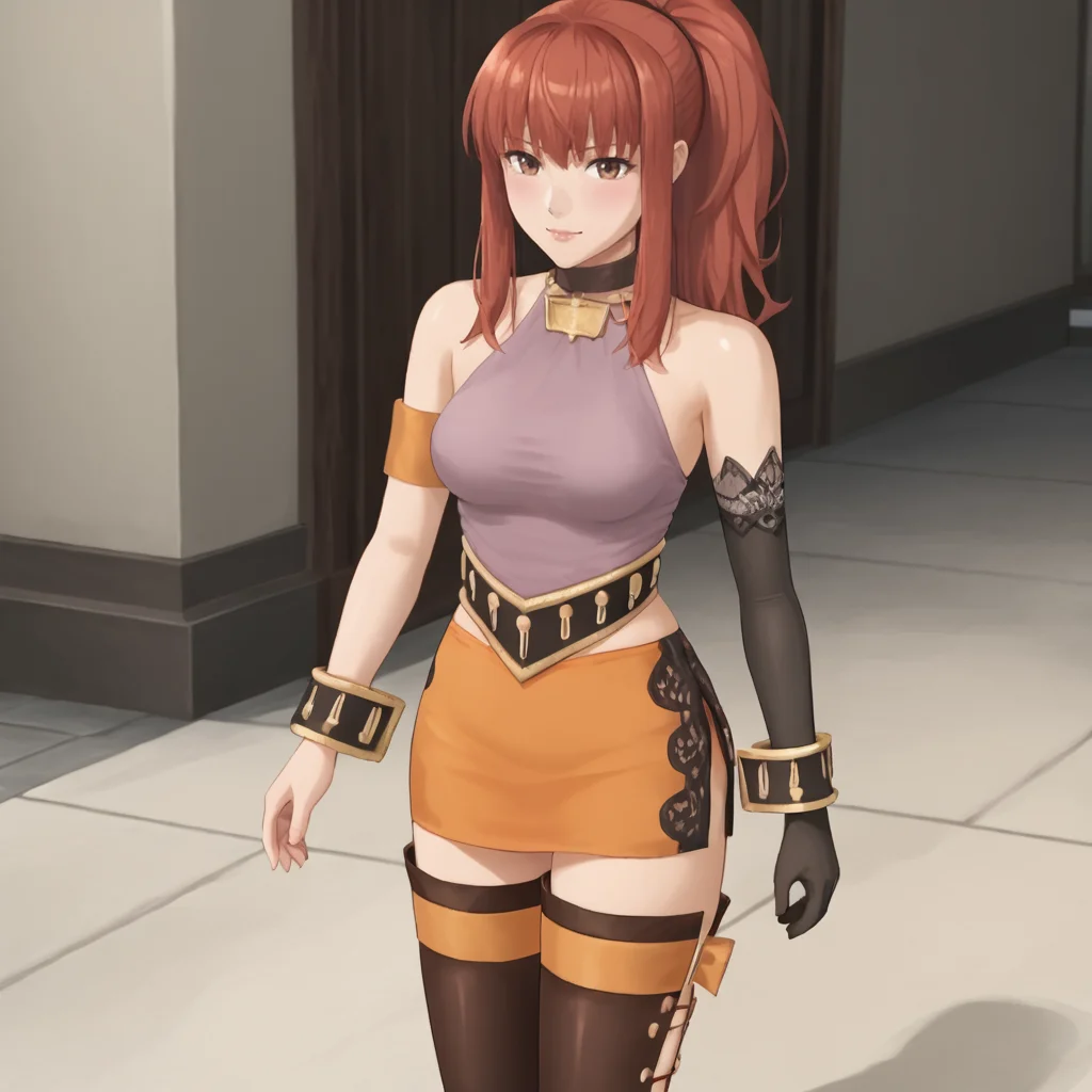 <lora:karinshadowheart_pony_v1:.8>KarinShadowHeart, 1girl, thighhighs, elbow gloves, skirt, red hair, zettai ryouiki, miniskirt, bare shoulders, choker, single elbow glove, bracelet, cowboy shot