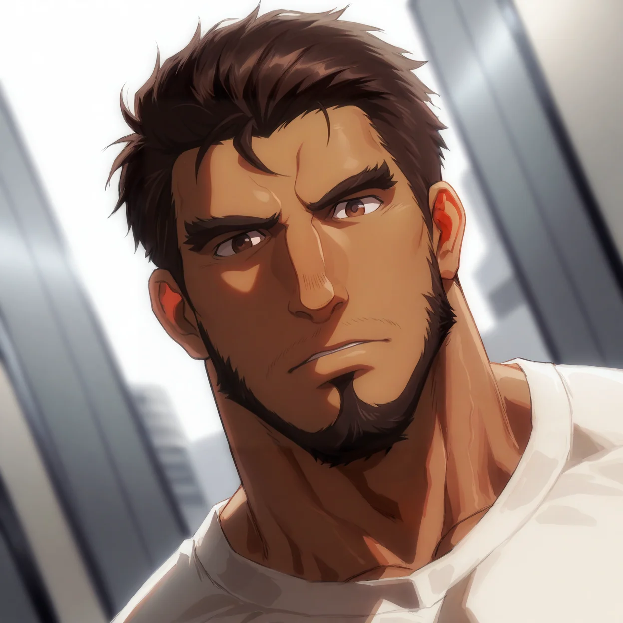<lora:Gazef_Stronoff-000007:1>,Gazef Stronoff, Brown hair, brown eyes, Dark skin, face focus, close-up, looking at the viewer,
(very short hair, beard, bara, mature, facial hair, stubble), facial hair,male focus, muscular male, muscular male, bara, mature, bara, mature, dutch angle,
aixiwuganda_(20222192), very awa, masterpiece, best quality, absurdres, newest, perfect quality, detailed background, intricate details,
<lora:slider_Body Type_alpha1.0_rank4_noxattn_last:2><lora:style_Anime Summer Days 2 Style SDXL_LoRA_Pony Diffusion V6 XL:.6><lora:slider_cfg_scale_boost:.7><lora:Artist6p:.55> Artist6p, Artist04p,<lora:slider_il_brightness_slider_d1:-1><lora:slider_il_contrast_slider_d1:-1><lora:slider_DarkSlider1.2_alpha1.0_rank16_full_300steps:-.6>