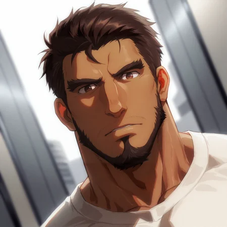 <lora:Gazef_Stronoff-000007:1>,Gazef Stronoff, Brown hair, brown eyes, Dark skin, face focus, close-up, looking at the viewer,
(very short hair, beard, bara, mature, facial hair, stubble), facial hair,male focus, muscular male, muscular male, bara, mature,  bara, mature, dutch angle,
aixiwuganda_(20222192), very awa, masterpiece, best quality, absurdres, newest, perfect quality, detailed background, intricate details,
<lora:slider_Body Type_alpha1.0_rank4_noxattn_last:2><lora:style_Anime Summer Days 2 Style SDXL_LoRA_Pony Diffusion V6 XL:.6><lora:slider_cfg_scale_boost:.7><lora:Artist6p:.55> Artist6p, Artist04p,<lora:slider_il_brightness_slider_d1:-1><lora:slider_il_contrast_slider_d1:-1><lora:slider_DarkSlider1.2_alpha1.0_rank16_full_300steps:-.6>