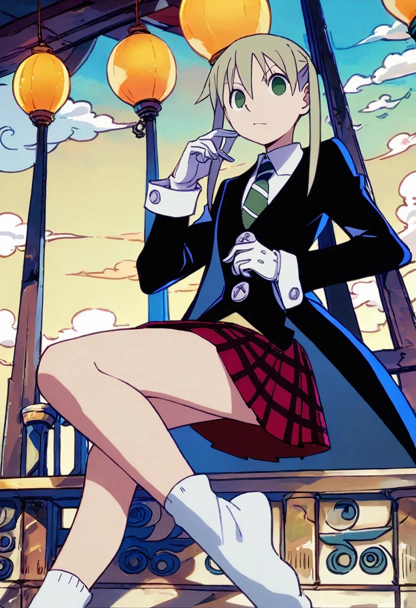 score_9, score_8_up, score_7_up, score_6_up, best quality, source_cartoon, 1girl,maka albarn, green eyes, blonde hair, twintails, \(soul eater\), upturned eyes, 18 year old, silk blonde hair,stunning female sci-fi female angel, upturned eyes, big breast, green necktie, striped necktie, black coat, long coat, red skirt, plaid skirt, buttons, cuffs, white gloves,, loong socks, ((bare breast)), lewd, (focus on the detail: 1,5)