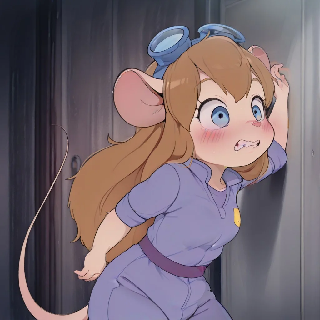 gadget hw, 1 girl, mouse ears, mouse girl, long hair, fluffy, fluffy woman, solo, mouse tail, blue eyes, brown hair, bangs, protruding teeth, protective glasses on her head, tight purple jumpsuit, small breasts, smooth on the background,,dagasistyle,masterpiece, best quality, very aesthetic, absurdres,masterpiece, best quality, very aesthetic, absurdres