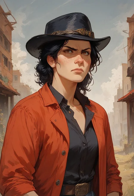 score_9, score_8_up, score_7_up, score_6_up, score_5_up, score_4_up, 4k, 1girl, solo, Red Dead Redemption style, 1800's western painting style, sketch, paperback novel cover art style, american old west, action shot

Hanna running and shooting a schofield revolver with her coat flying and hair flying behind her.

BREAK

Hanna is a tan 30 year old female bounty hunter with long black hair, serious eyebrows and brown eyes with dark circles under them, snarling expression.  Wearing a black hat and wearing a (((faded dusty maroon gun fighter long coat))) over a black button up shirt, short, round head, gunfighter, tough woman, medium bust, ph4nt0m01l