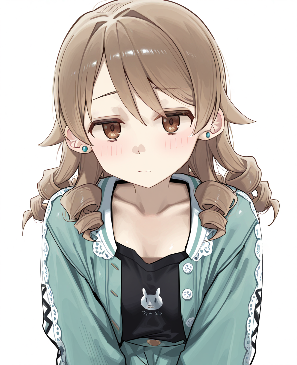 <lora:syhanC:1> syhan,
(masterpiece), (best quality), (ultra-detailed), amazing quality, very aesthetic, illustration, perfect composition, intricate details, absurdres, incredibly absurdres, shiny skin, realistic,
 syhan, morikubo nono, solo, 1girl, simple background, white background, blush, light brown hair, looking at viewer, collarbone, stud earrings, jacket, jewelry, drill hair, earrings, open clothes, brown eyes, long sleeves, closed mouth, black shirt, morikubo nono, sensitive