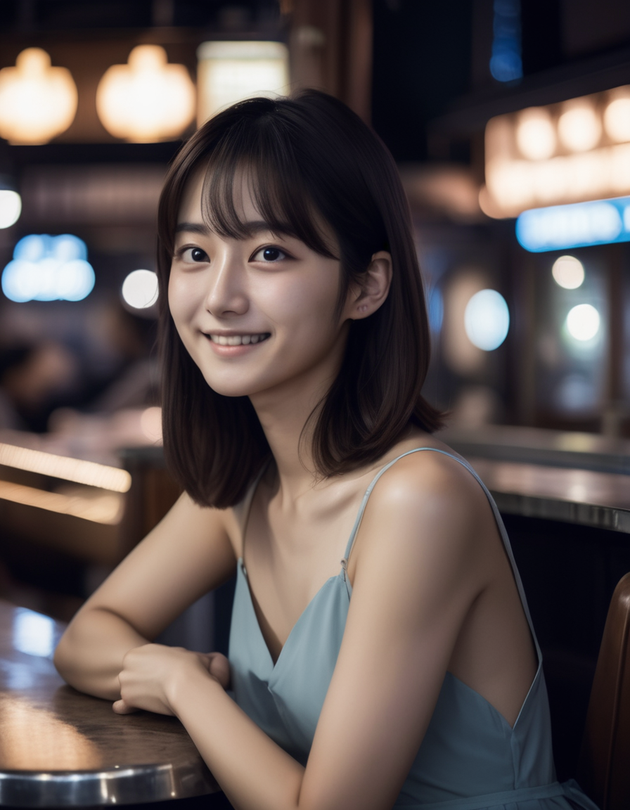 jpn-girl, Professional portrait photography of the face of a beautiful girl with (glossy nude lips) with black eyes, Nikon Z9, looking at the camera, realistic matte skin, highly detailed, skin texture visible, 20 yo,woman wearing dress,blurry background, 
Retro diner at night,
,
, <lora:jpn-girl_v1:0.75>,