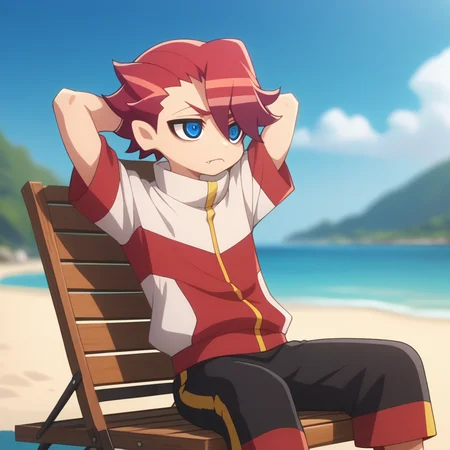 score_9,score_8_up,score_7_up,score_6_up,score_5_up,score_4_up,sakko otori,1boy,solo,fang,arms behind head,fang out,sitting,sky,beach chair,closed mouth,pants,day,blue sky,white-red jacket,frown,blurry background,arms behind back,blurry,looking up,male focus,anime screenshot,<lora:Myth_of_Emotions_V1-1:1>,black shorts,