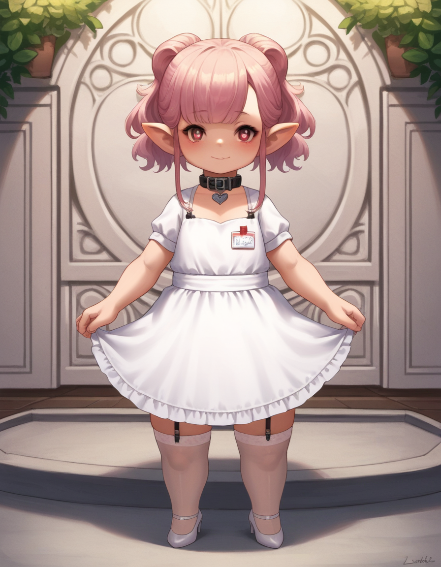 zPDXL, score_9, score_8_up, score_7_up, source_anime,
1girl, solo, heart eyes, pigeon_pose, waitress wearing Polished white dress with a collar, sheer stockings, white heels, elegant hair comb, wearing a name tag, <lora:Lalafell_v2-10:1> lalafell, pointy ears, shortstack, flat chest,