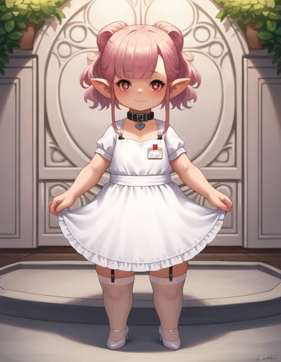 zPDXL, score_9, score_8_up, score_7_up, source_anime,
1girl, solo, heart eyes, pigeon_pose, waitress wearing Polished white dress with a collar, sheer stockings, white heels, elegant hair comb, wearing a name tag, <lora:Lalafell_v2-10:1> lalafell, pointy ears, shortstack, flat chest,