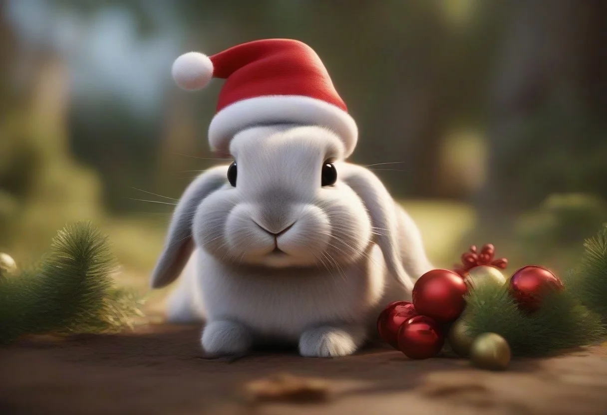 A happy cute, bunny, (wearing a Christmas hat), Adorable, heart warming, cheerful, detailed, bright colours, friendly expression, small size, shiny, eco-friendly, garden, environmental, sunlight, shadows, digital art, whimsical, playful, intricate details, high resolution, photorealistic, joyful atmosphere, gentle, soft lighting, cartoonish style, enchanting, vivid, appealing, character design, imaginative, family-friendly, [photography, realistic, photorealistic, (8k), (highly detailed), cinematic lighting, intricate details, (high resolution), award-winning,   correct focus, realistic, realistic lighting, (highly detailed),  masterpiece], ((Cinematic Still-Shot))