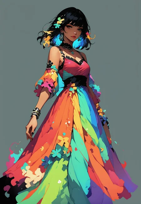 score_9_up, score_8_up, score_7_up, FFDAC, 1girl, long multicolored dress, black hair, colorful dress