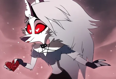 Loona \(Helluva Boss\), anthro, fingerless gloves, GREY HAIR, SILVER EYES, RED SCLERA, SPIKED COLLAR, PIERCED EYEBROW, CROP TOP, MICRO SHORTS, heart floating, heart-shaped pupils, aroused, heart eyes, cupid arrow, Valentine's day themed