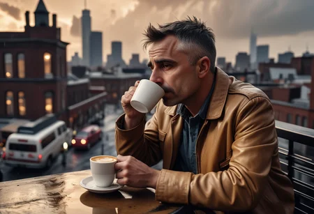 (medium full shot) of (long shot ) of taxi driver drinking coffee, detailed face, located in an urban scene at a historic rooftop during sunset with thunderstorm weather, illuminated by shop windows, creating a urban chic atmosphere, ,Masterpiece,best quality, raw photo, realistic, very aesthetic