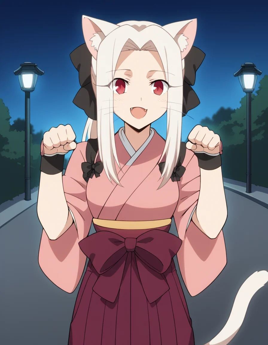 score_9, score_8_up, score_7_up, source_anime, <lora:irisviel-von-einzbern-zero-anime-ponyxl-lora-nochekaiser:1>, irisviel von einzbern, long hair, red eyes, white hair, parted bangs, hair intakes, mature female,, bow, ponytail, hair bow, japanese clothes, kimono, sash, hakama, purple hakama, gloves, pink kimono, hakama skirt, black bow,, city street, evening, streetlights, walking dog, quiet neighborhood, gentle breeze, smile, <lora:paw-pose-ponyxl-lora-nochekaiser:1>, paw pose, cat ears, cat tail, animal ears, tail, cat girl, open mouth, fang, whiskers,, looking at viewer, solo,, dutch angle, cowboy shot