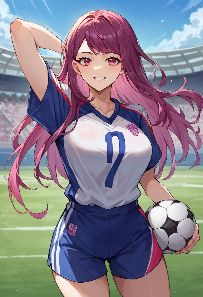 score_9, score_8_up, score_7_up, source_anime, 1girl, smile, <lora:IvyFE-pdxl:1> rndIvy, large breasts, long hair, football jersey, outdoors