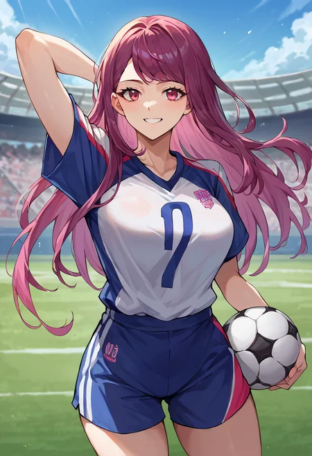 score_9, score_8_up, score_7_up, source_anime, 1girl, smile, <lora:IvyFE-pdxl:1> rndIvy, large breasts, long hair, football jersey, outdoors