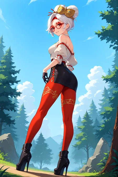 score_9, score_8_up, score_7_up, score_6_up, anime source, anime style, solo, 1girl,
<lora:P-Purah:1>, white hair, red eyes, red-framed eyewear, red headband, hair ornament, red eyeshadow, hair bun,
black gloves, red pantyhose, black skirt, miniskirt, white shirt, puffy sleeves, bare shoulders,
<lora:cl-thighboots:0.2>, leather boots, red boots, platform boots, thigh boots, high heels, (zipper:0.9)
medium breasts, from behind, ass, seductive smile, parted lips, eyelashes, standing,
forest background, blue sky, clouds,,