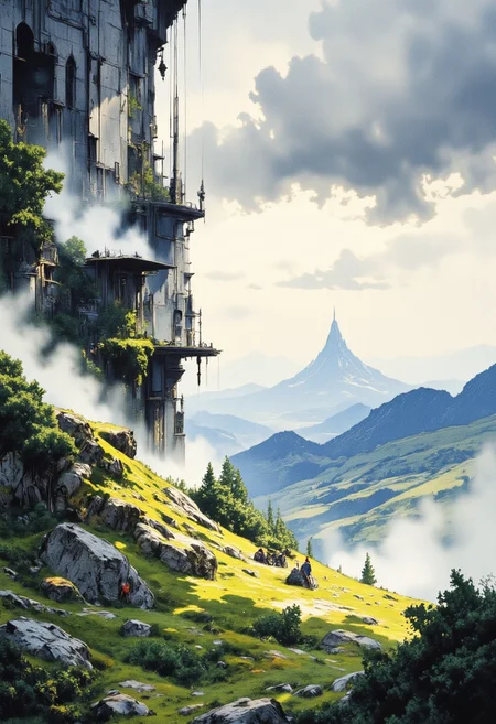 Moody Studio Ghibli Dark Fairytale, nistyle, a DARK and gritty Sketch combined with water color techniques, A serene Mountain landscape, a pastel watercolor sun ist briefly shining through some ultradetailed billowing translucent clouds, meadow, Low Angle, wide Screen scenery, artilands02