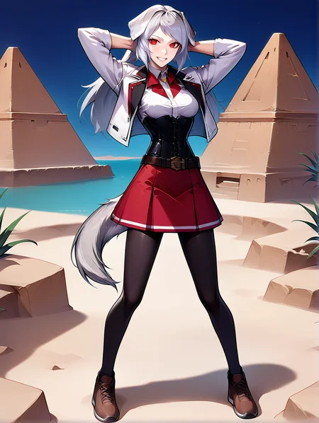 score_9, score_8_up, score_7_up, source_anime
1girl, solo,
pursena adoldia, red eyes, long hair, (grey hai, dog ears, grey dog ears,,dog tail, short tail
red skirt, black corset, (white shirt), white jacket, red ribbon, bow, black pantyhose, belt, knees, smile, happy
medium breasts,
medium breasts, happy
desert, palms, oasis, water, pyramids, standing, hands behind head, night, full body, brown shoes, fingers, fingernails,
<lora:Expressive_H:0.2> <lora:housechores-guy-PONYv1:0.4> <lora:pursena 0.1:1>