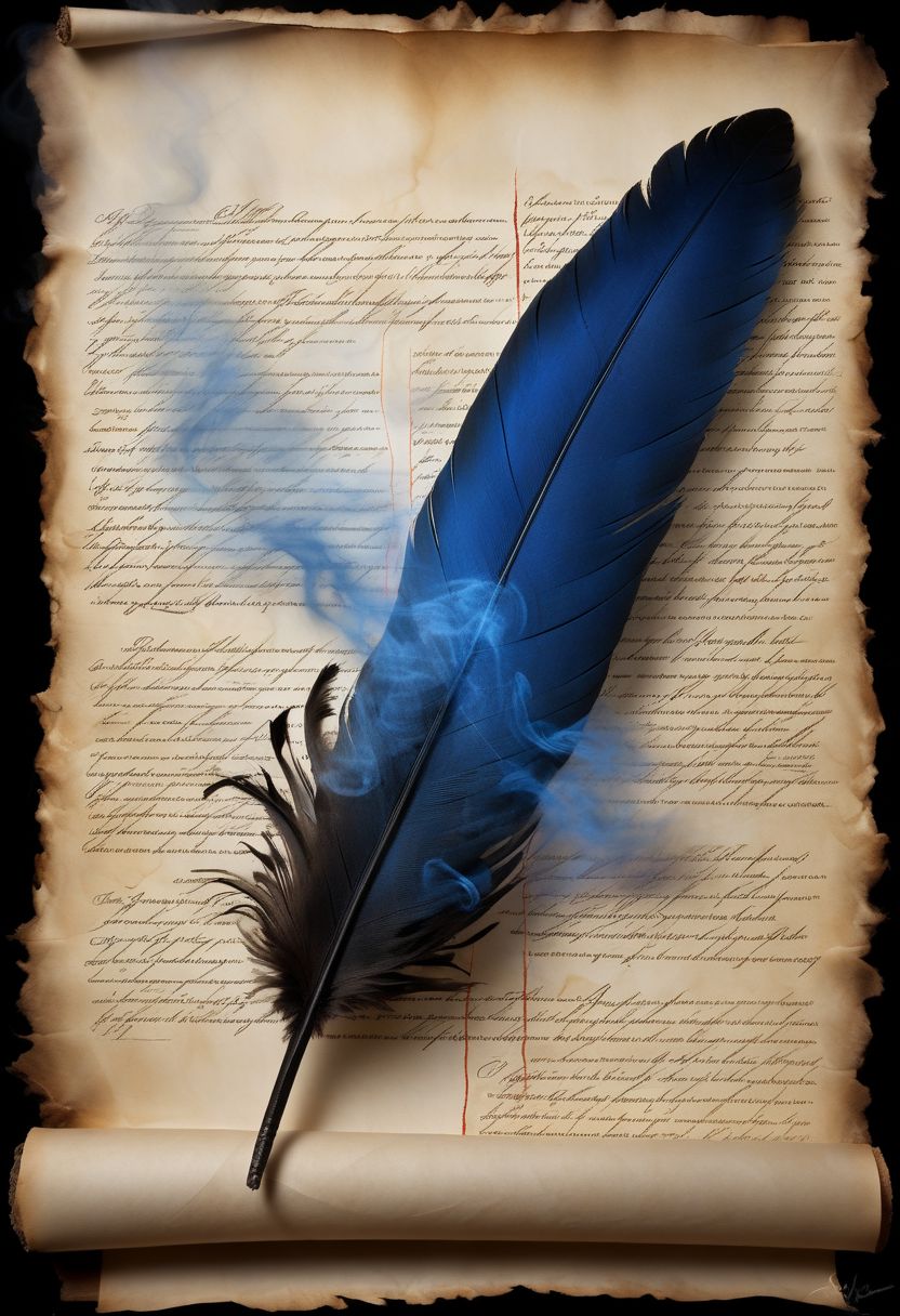 mysterious phoenix feather gliding through the air, feather dissolving into smoke, single drop of deep blue ink dropping from the tip of the feather into a half full ink pot while an old piece of aged paper scroll with beautiful writing and burning edges is hovering in the middle of it all, lightrays backlighting glorious feather, burning paper scroll dissoliving into smoke, lightrays backlighting smoke, fading blue red background, by Minjae Lee, Carne Griffiths, Emily Kell, Steve McCurry, Geoffroy Thoorens, Aaron Horkey, Jordan Grimmer, Greg Rutkowski, amazing depth, double exposure, surreal, geometric patterns, intricately detailed, bokeh,  perfect balanced, deep fine borders, artistic photorealism , smooth,  great masterwork by Suiras  <lora:add-detail-xl:2>  <lora:Double_Exposure:0.5>