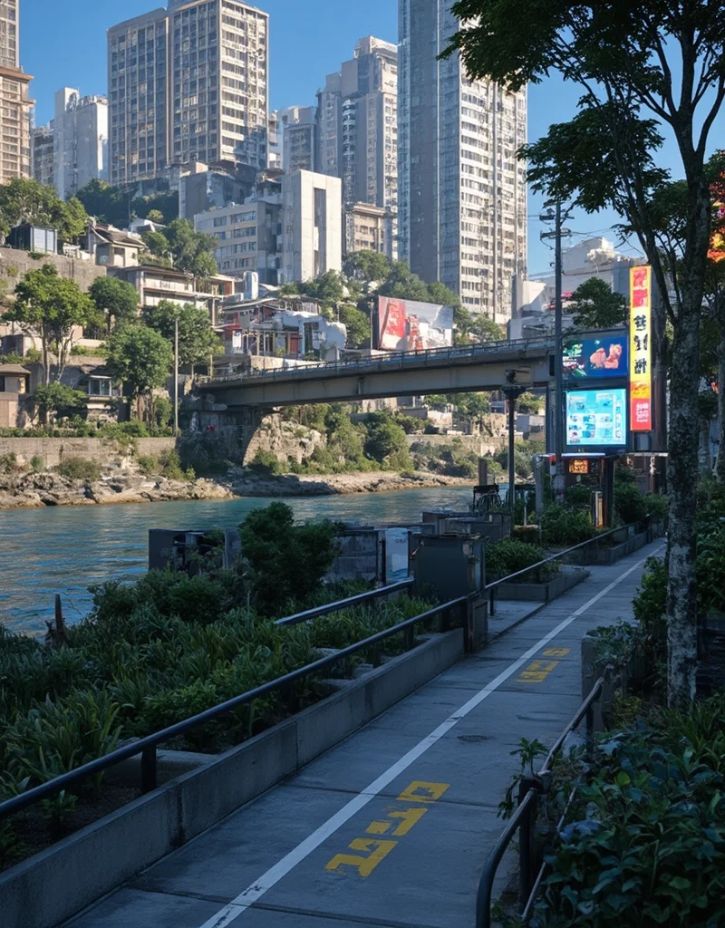 <lora:citybkgv2:1> citybkg, cyberpunk, evening, sun shades, very detailed, very narrow walkway, river, shore; futuristic, ground view, high buildings in the background, billboard on trees, signs, shop, kanji, illuminated, neon street marking, city lights, houses, vegetation,