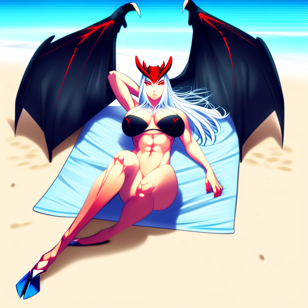 score_9, score_8_up, score_7_up, score_6_up, Satanika, very detailed, beautiful, 1girl, solo, red eyes, black bikini, muscular, large breasts, thick thighs, wings, white hair, long hair, hooves, Head wings, large head wings, demon wings, full body, lying on a towel, blue towel, beach