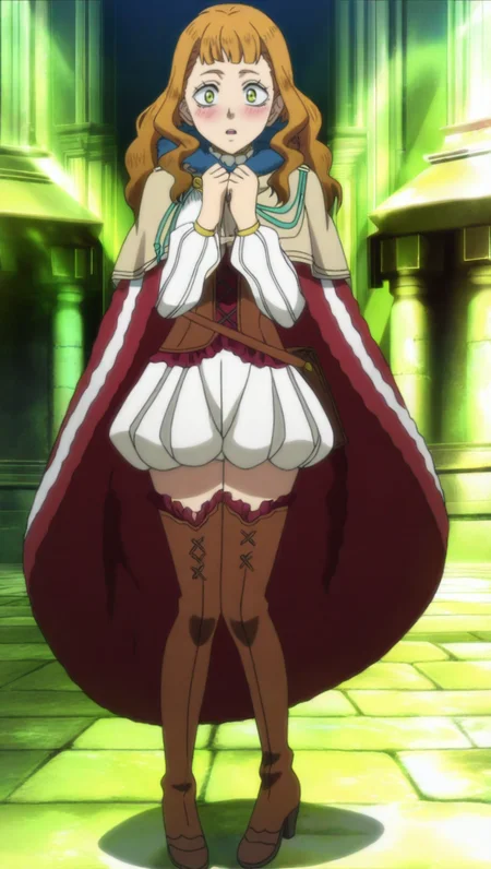 source_anime, masterpiece, best quality, amazing quality, anime screencap, high quality, 8k, absurdres, official style, 1girl, solo, looking at viewer, surprised, blush, hands together,<lora:Mimosa_Pre_iL:1>, m1m0s4 v3rm1ll10n, long hair, brown hair, green eyes, bangs, magic knight outfit, capelet, beige capelet, corset, brown corset, white sweater, shorts, puffy shorts, skirt, thighhighs, long sleeves, boots, cape, zettai ryouiki, thigh boots, brown boots, heels,