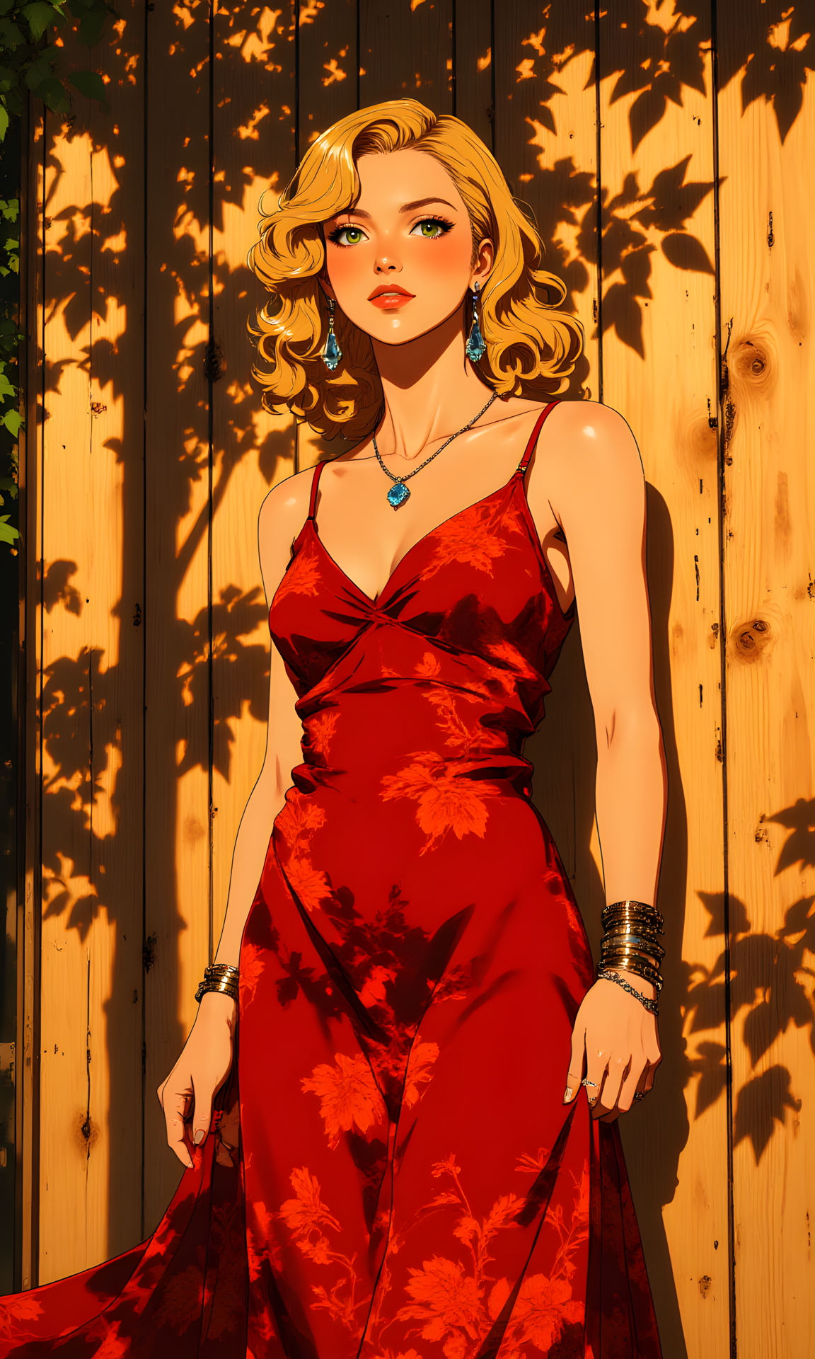 The scene is bathed in the warm, golden light of a setting sun, casting long shadows and bathing everything in a soft, radiant glow. A woman stands gracefully against a backdrop of vertical wooden planks, their surface smooth and weathered by time. The wall is adorned with the delicate silhouettes of leaves, their shadows dancing across the wood like fleeting whispers of nature. The interplay of light and shadow creates a sense of depth and texture, as if the very air around her hums with life.
She is the embodiment of elegance, her presence commanding attention without effort. Her hair is a cascade of golden blonde curls, cascading down her shoulders in waves that seem to shimmer under the sunlight. Each strand reflects the warmth of the day, giving her an almost ethereal quality. Her eyes are striking, a deep green that seems to hold the secrets of the forest within them. They are framed by perfectly arched brows and long, thick lashes, adding to her captivating gaze. Her expression is serene yet enigmatic, as though she carries stories untold within her soul.
Draped over her form is a gown of rich, velvety red, its fabric flowing elegantly to the ground. The dress is adorned with intricate floral patterns, each bloom meticulously detailed, as if hand-painted onto the silk. The design is both bold and sophisticated, with thin spaghetti straps that crisscross at the neckline, creating a delicate V-shape that accentuates her graceful shoulders. The fabric clings to her figure in all the right places, highlighting her curves with a touch of sensuality, before falling away into gentle folds that pool at her feet.
Around her neck rests a delicate necklace, its chain fine and elegant, holding a pendant that catches the lightâa gemstone that glimmers like a star. It hangs just above her chest, drawing the eye to the subtle details of her attire. Her ears are adorned with large, dangling earrings, their blue hues contrasting beautifully with the fiery tones of her dress. They sway ever so slightly, hinting at movement even as she stands still.
Her arms are adorned with jewelry that speaks of refinement and artistry. On one wrist, a stack of braceletsâeach unique in designâadds layers of texture and sparkle. Their metallic surfaces reflect the sunlight, catching the eye with their intricate craftsmanship. Her hands are poised gracefully, one resting lightly on her hip, fingers splayed as if to adjust the fabric of her dress, while the other hangs by her side, relaxed yet poised.
The overall effect is one of timeless beauty and quiet confidence. She exudes an aura of sophistication, as though she has stepped out of a page from a glamorous past or a dream of opulence. The setting enhances this feeling, with the wooden wall and the leafy shadows creating a backdrop that feels both natural and intimate. It is as if she is part of a story waiting to unfold, a character frozen in a moment of perfect harmony between herself and the world around her.
j_art, anime, anime art, <lora:FLUX\jul\J_Anime:0.7>, <lora:FLUX\RealAnime:0.7>
