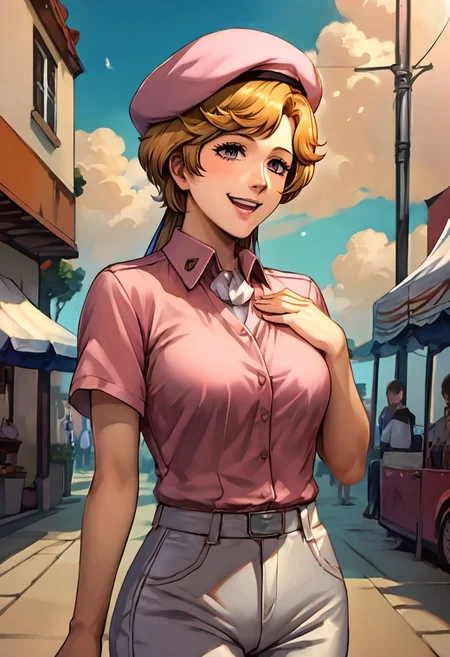 score_9, score_8_up, score_7_up, source_anime,
Frederica
hair ribbon, (best quality) , (highly detailed) ,masterpiece ,absurdres ,detailed face ,beautiful face ,(detailed eyes, deep eyes, anime eyes),
1girl,solo,female,kawaii,cowboy_shot,pink shirt,shirt,short hat,black jacket,military uniform,white pants,cowboy_shot,hands_on_own_chest,smile,laughing,