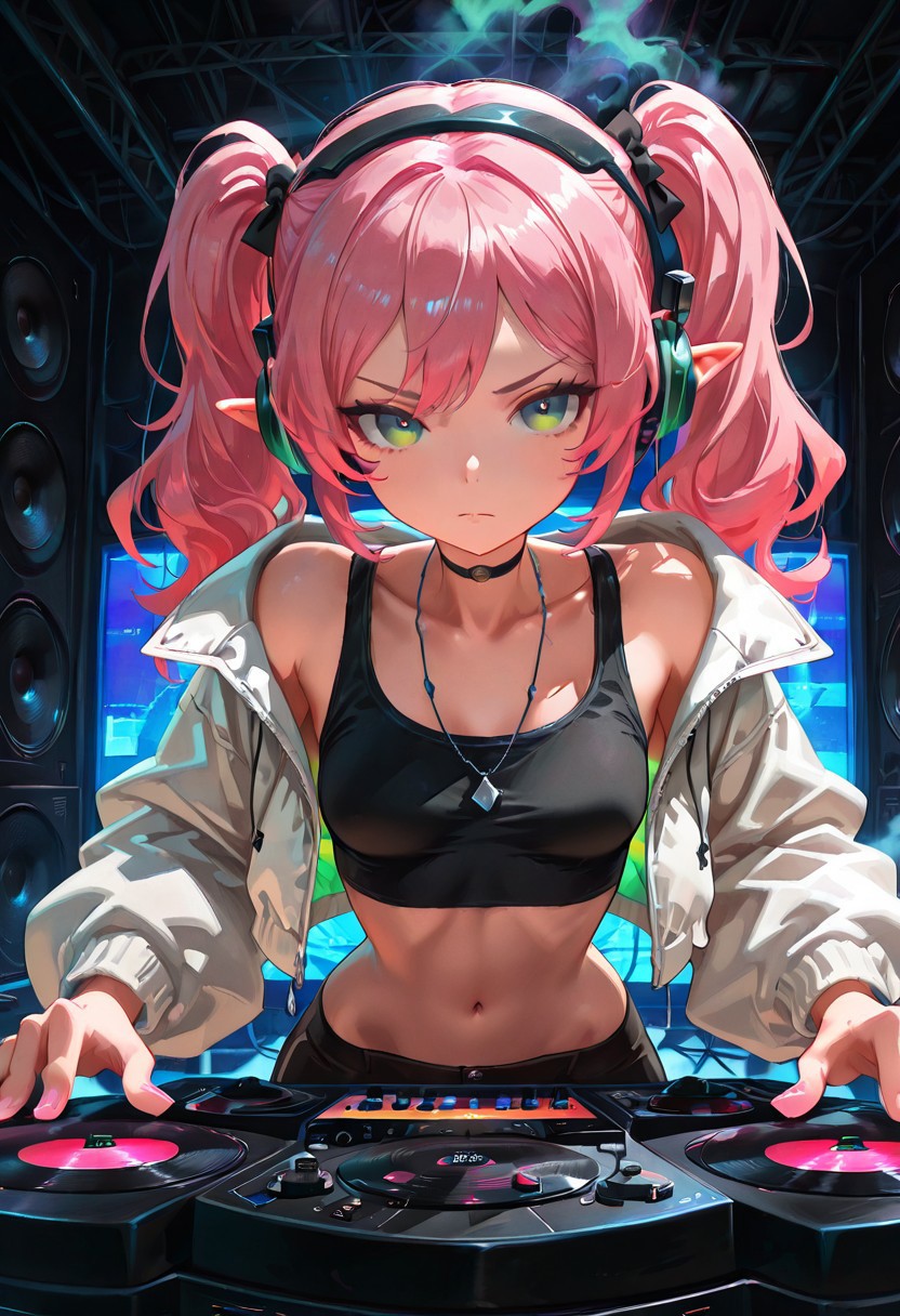solo, elf girl, skinny, long pink hair, twintails, green eyes, small breasts, black tank top, white puff jacket, headphones, concentrating, turntable, speakers, colorful light show, smoke, sound equipment, dj, rave, indoors, crowd in background, t4kar4i_illu, no_outlines, no lineart, masterpiece, best quality, absurdres,