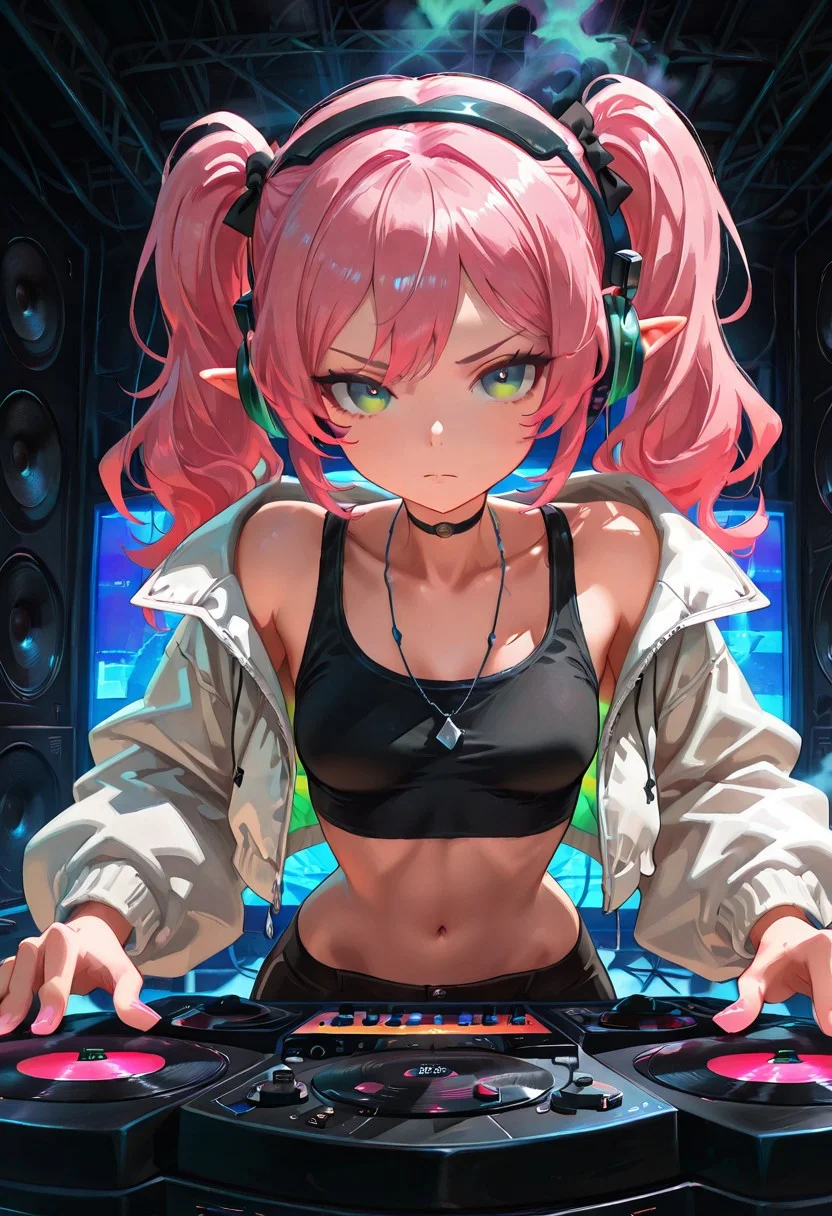 solo, elf girl, skinny, long pink hair, twintails, green eyes, small breasts, black tank top, white puff jacket, headphones, concentrating, turntable, speakers, colorful light show, smoke, sound equipment, dj, rave, indoors, crowd in background, t4kar4i_illu, no_outlines, no lineart, masterpiece, best quality, absurdres,