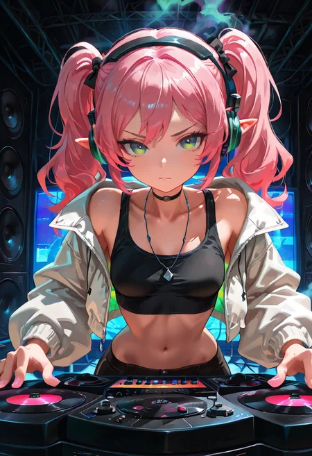 solo, elf girl, skinny, long pink hair, twintails, green eyes, small breasts, black tank top, white puff jacket, headphones, concentrating, turntable, speakers, colorful light show, smoke, sound equipment, dj, rave, indoors, crowd in background, t4kar4i_illu, no_outlines, no lineart, masterpiece, best quality, absurdres,