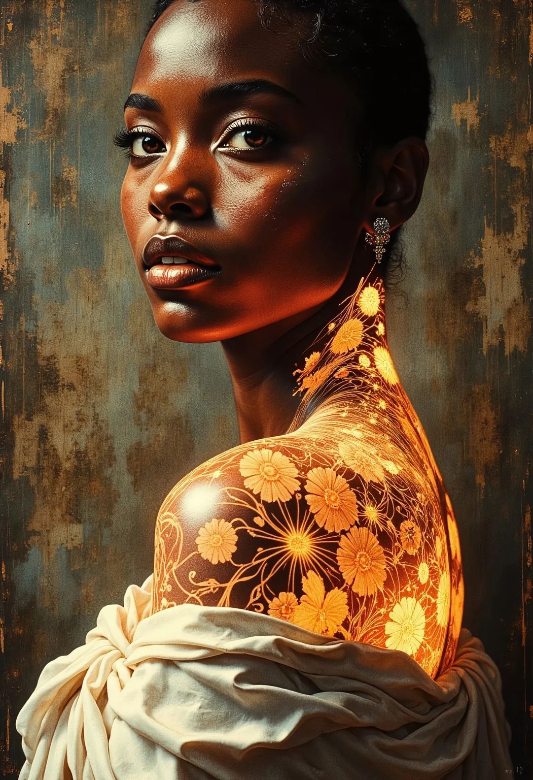 A captivating portrait of a radiant woman with deep, warm brown skin, her smooth completely bald head accentuating her striking face. Her piercing golden-hazel eyes gleam with quiet confidence, her full lips curved into a subtle, knowing smile. A single silver earring dangles from her ear, catching the dim, moody light. Wrapped loosely around her shoulders, a soft, off-white fabric drapes effortlessly, revealing her collarbones and upper chest.
Across her neck, shoulder, and decolletage, an intricate, glowing tattoo of swirling filigree and floral patterns pulses with a molten, golden-orange light, as if alive beneath her skin. The luminescent markings cast a faint, flickering glow onto her rich complexion, emphasizing the delicate curves of her form. The soft illumination contrasts beautifully against the dimly lit, textured background—an aged, weathered wall in muted earth tones.
The lighting is moody and cinematic, with dramatic highlights accentuating her cheekbones and the shimmer of her tattoo. The atmosphere is a fusion of warmth and mystery, evoking a sense of quiet power and ethereal beauty.