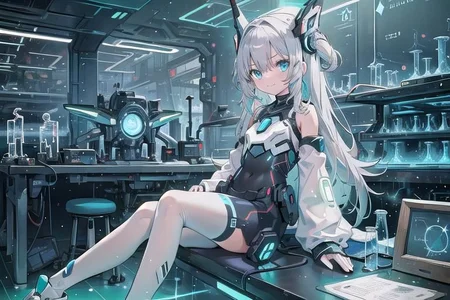 (masterpiece), (science fiction:1.4), 1girl, sitting, smile, silver hair, aqua eyes, headgear, long sleeves, detached sleeves, glowing energy clothing, light particles
