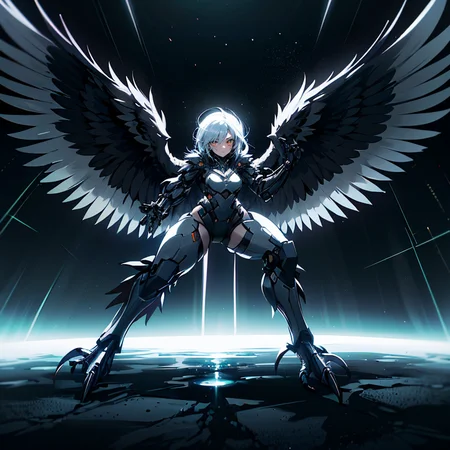 a_photo_of harpy monster girl looking at viewer, winged arms, harpy, bird legs, talons, detailed background, detailed face, cyberpunk soldier, saboteur, wearing battle-gear, battle-stance, cybernetic implants, glowing neon lights, searchlights in background, storm, floating particles, particle effects, cinematic atmosphere <lora:Cyberpunk01:0.971> <lora:UltraBlackholeTech-20:0.28> ulblackholetech,