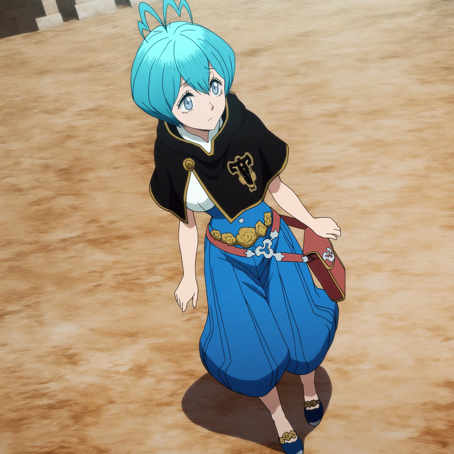 sharp focus, pixiv masterpiece, source_anime, score_9, absurd res, high res, anime_screencap,
<lora:Grey_blackclover_IL_v36-000015:1>, grey_bc, 1girl, solo, grey-blue_eyes, cyan_hair, short_hair, antenna_hair, black_capelet, sleeveless_shirt, high-waisted_pants, waist_flowers, metal_belt, pouch, standing, arms_at_sides, (simple background:1.1), blushing, wavy_mouth, star_on_emblem,