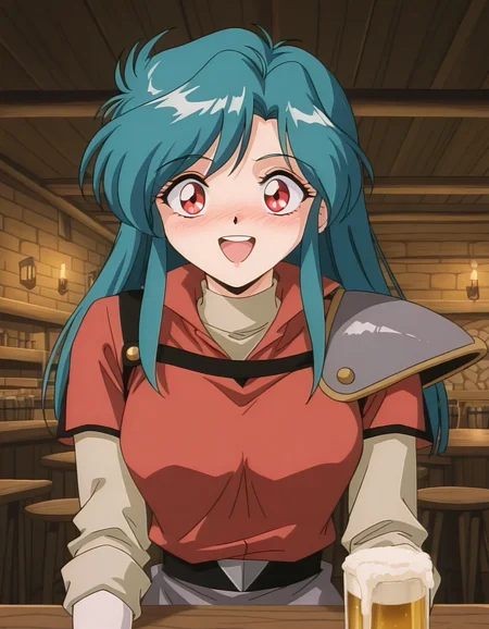 <lora:diana-minerva-illustrious-000004:1> 1girl, solo, mnkda, uniform, red shirt, single shoulder pad, beer, excited, looking at viewer, tavern, masterpiece, best quality