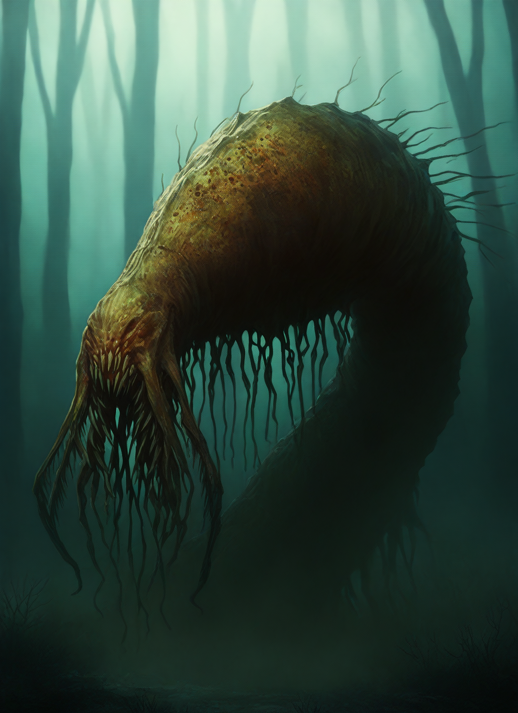 artist:, masterpiece, best quality, newest, very awa, absurdres, highres, mnsr, giant flying insect, wings, carapace, horror, daytime, nature, fog, swamp, detailed, <lora:SDXL\Illustrous\Monster_Concept-Illu-mnsr:1.0>
