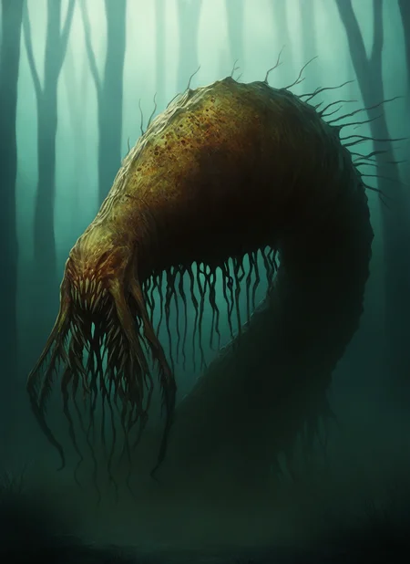 artist:, masterpiece, best quality, newest, very awa, absurdres, highres, mnsr, giant flying insect, wings, carapace, horror, daytime, nature, fog, swamp, detailed, <lora:SDXL\Illustrous\Monster_Concept-Illu-mnsr:1.0>