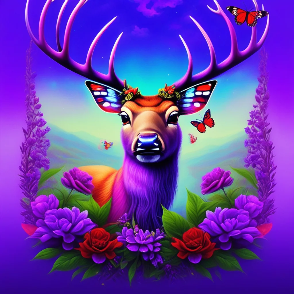 scenery, watermark, purple flower, deer, red flower, butterfly wings, sky, plant, bug