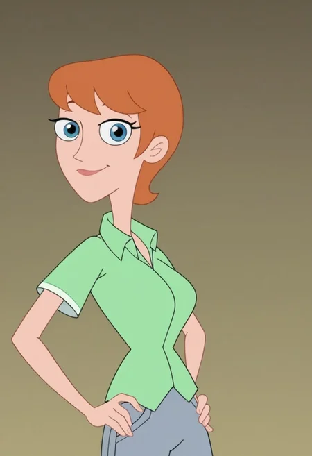 ((bedroom background)),score_9, score_8_up, score_7_up,score_6_up, 
1girl, Solo, BrigetteM_MM, light skin, light blue eyes, light orange hair, short hair, small pointed nose, light green short-sleeved shirt, blue-gray pants, light brown shoes, big eyes, medium stature, smile, sexy face, close-up, face photo, perfect eyes, perfect smile, looking at the viewer, big breasts, hands on hips