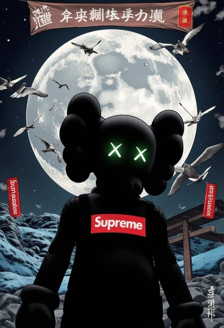 4si4n kaws, It depicts a scene of kaws wearing a black shirt that has the "SUPREME" logo on it, posing with the moon behind, poster from the series Fifty-Three Stations of the Tokaido by Utagawa Kunisada Toyokuni III/Kunisada III. epic, masterpiece composition, movement, voxels., volumetric lighting, RTX on, poster from the series Fifty-Three Stations of the Tokaido by Utagawa Kunisada Toyokuni III/Kunisada III. epic, masterpiece composition, movement